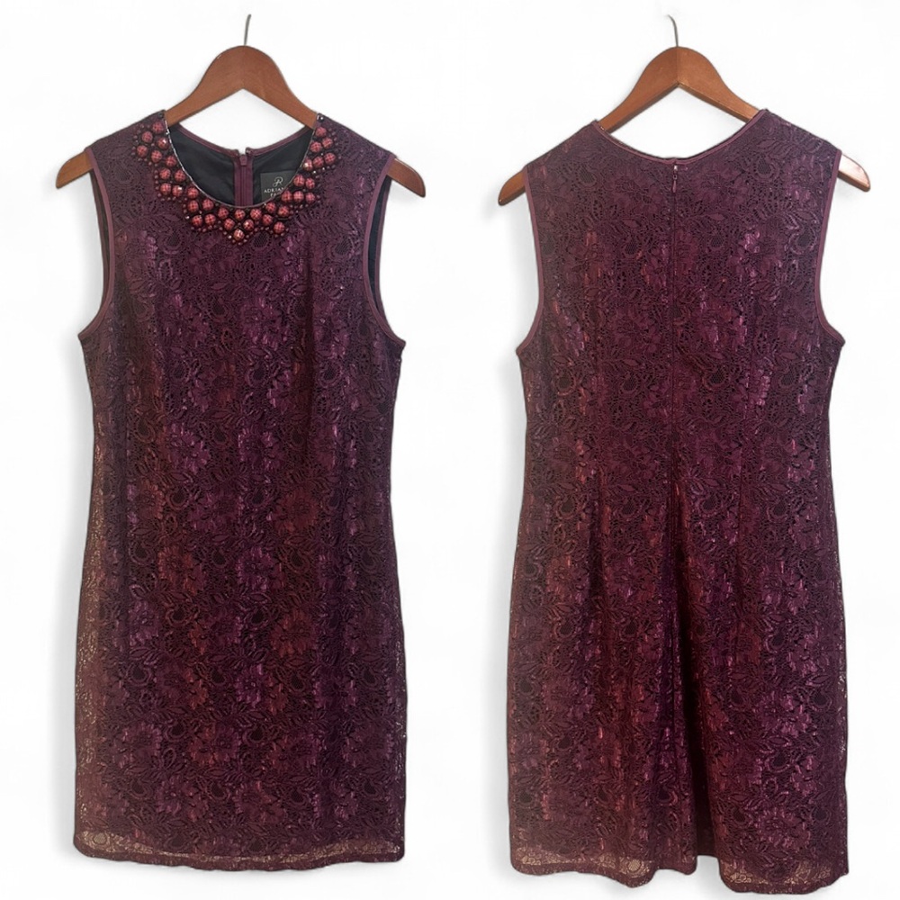 Adrianna Papell Silk Lace Sheath Dress Beaded Statement Collar 8